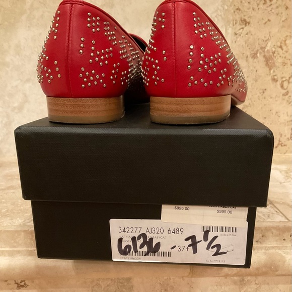 SAINT LAURENT RED SILVER STUDDED LOAFERS SIZE 37.5 - Picture 2 of 4